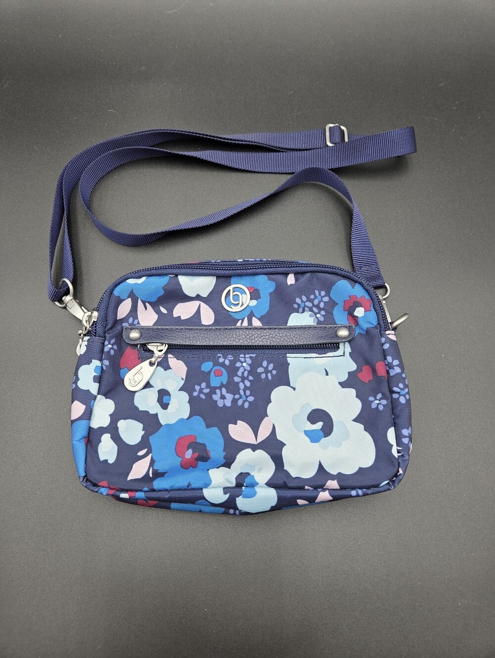 Baggallini Oakland Floral Petal Print Crossbody with Blue and Light Blue Accents